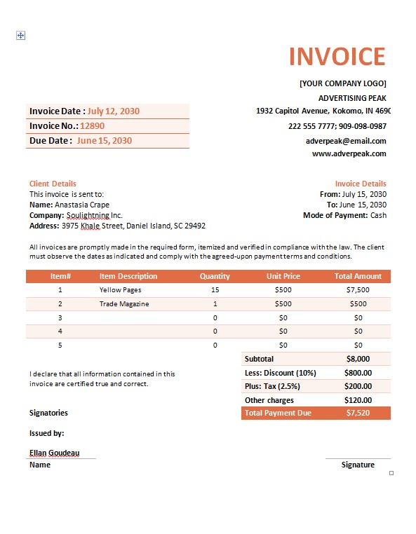 Advertising Company Invoice Template PSD template